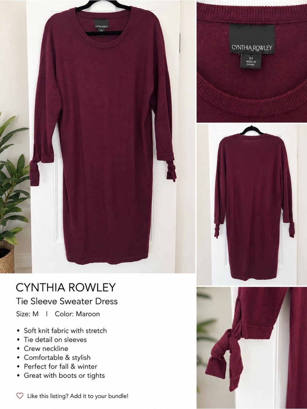 Cynthia Rowley Long Sleeve Tie-Cuff Knit Dress in Burgundy